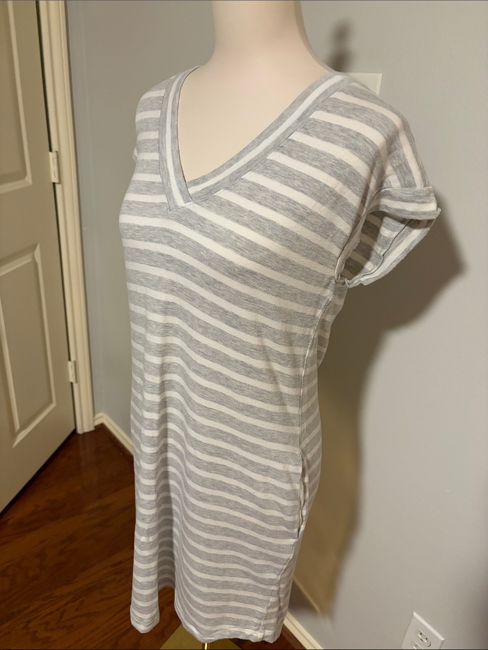 Athleta Women’s Light Gray and Cream Striped V-Neck Dress